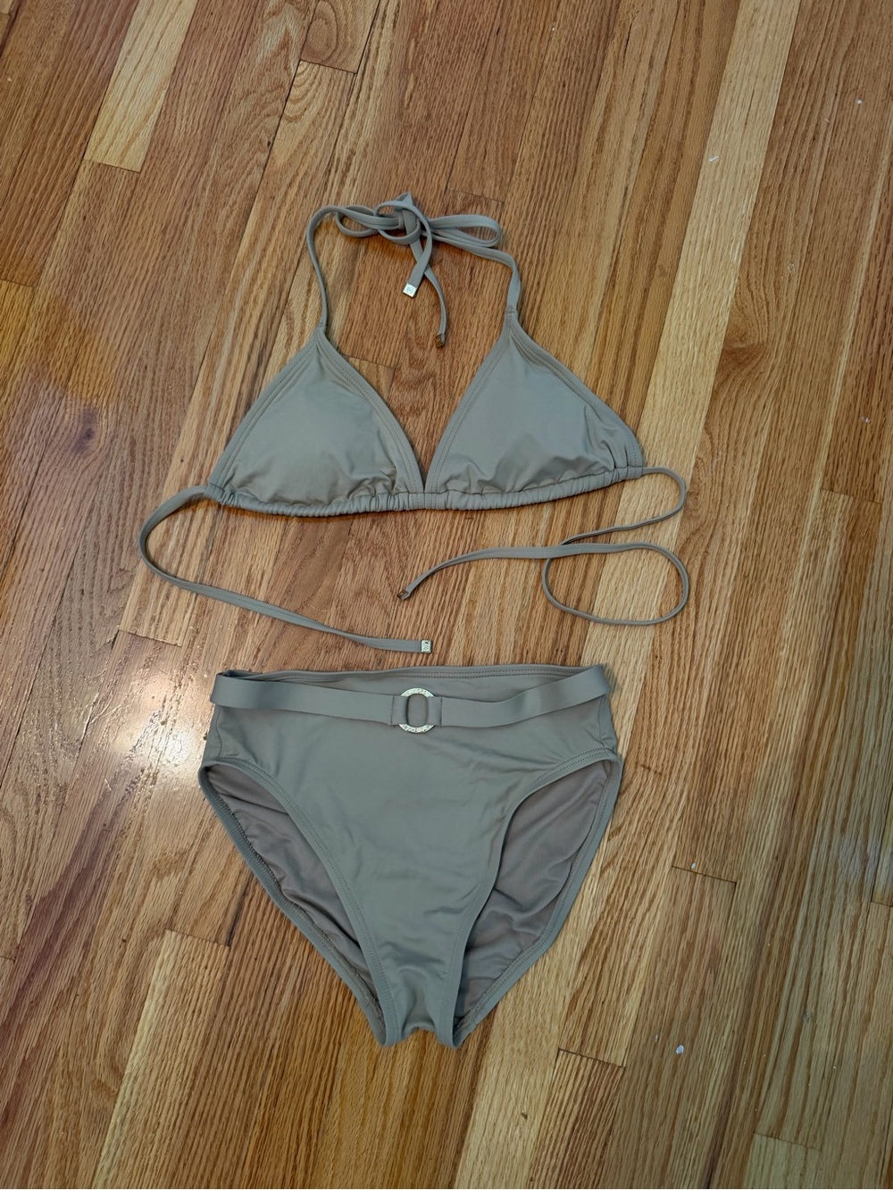 Michael Kors Taupe Triangle Bikini with High-Waist Belted Bottoms